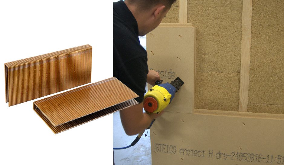 Mocowane płyt STEICOprotect M dry do konstrukcji drewnianej przy użyciu szerokich zszywek