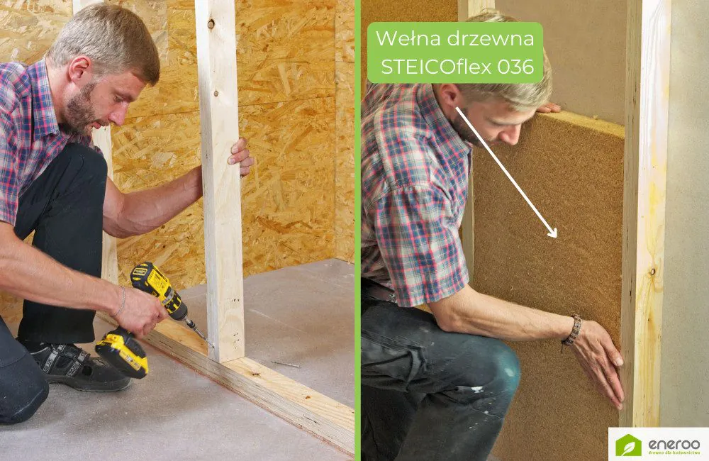 Lekka ściana szkieletowa wygłuszczona gęstą wełną drzewną STEICOflex 036